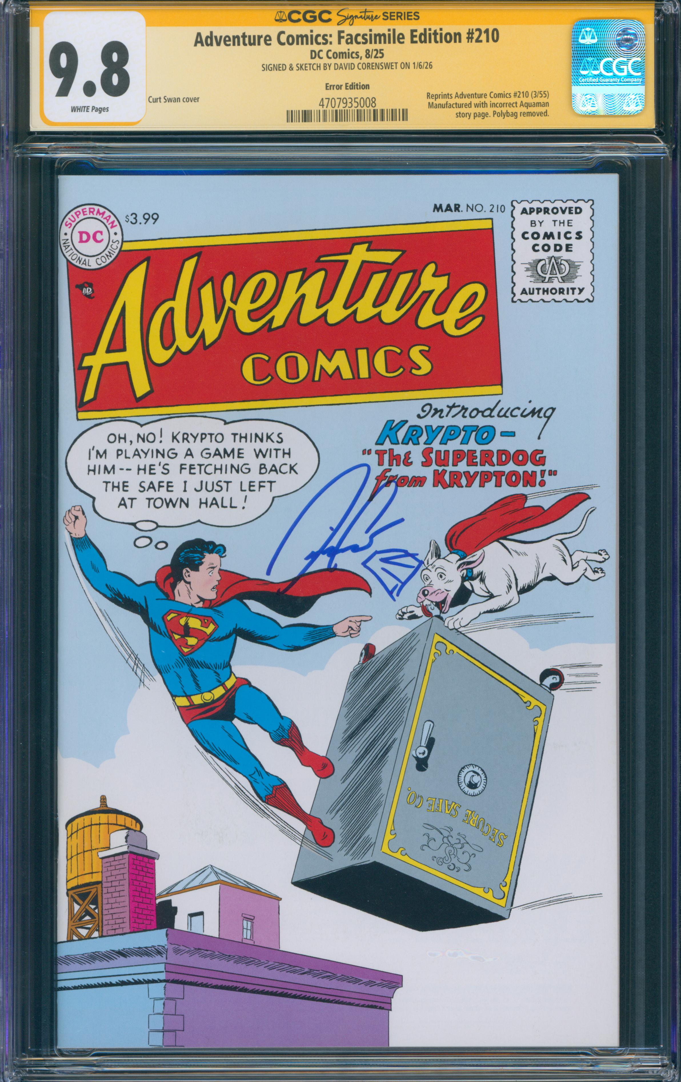 David Corenswet Autographed Adventure Comics Facsimile Edition #210 with Sketch- CGC graded 9.8 - SWAU